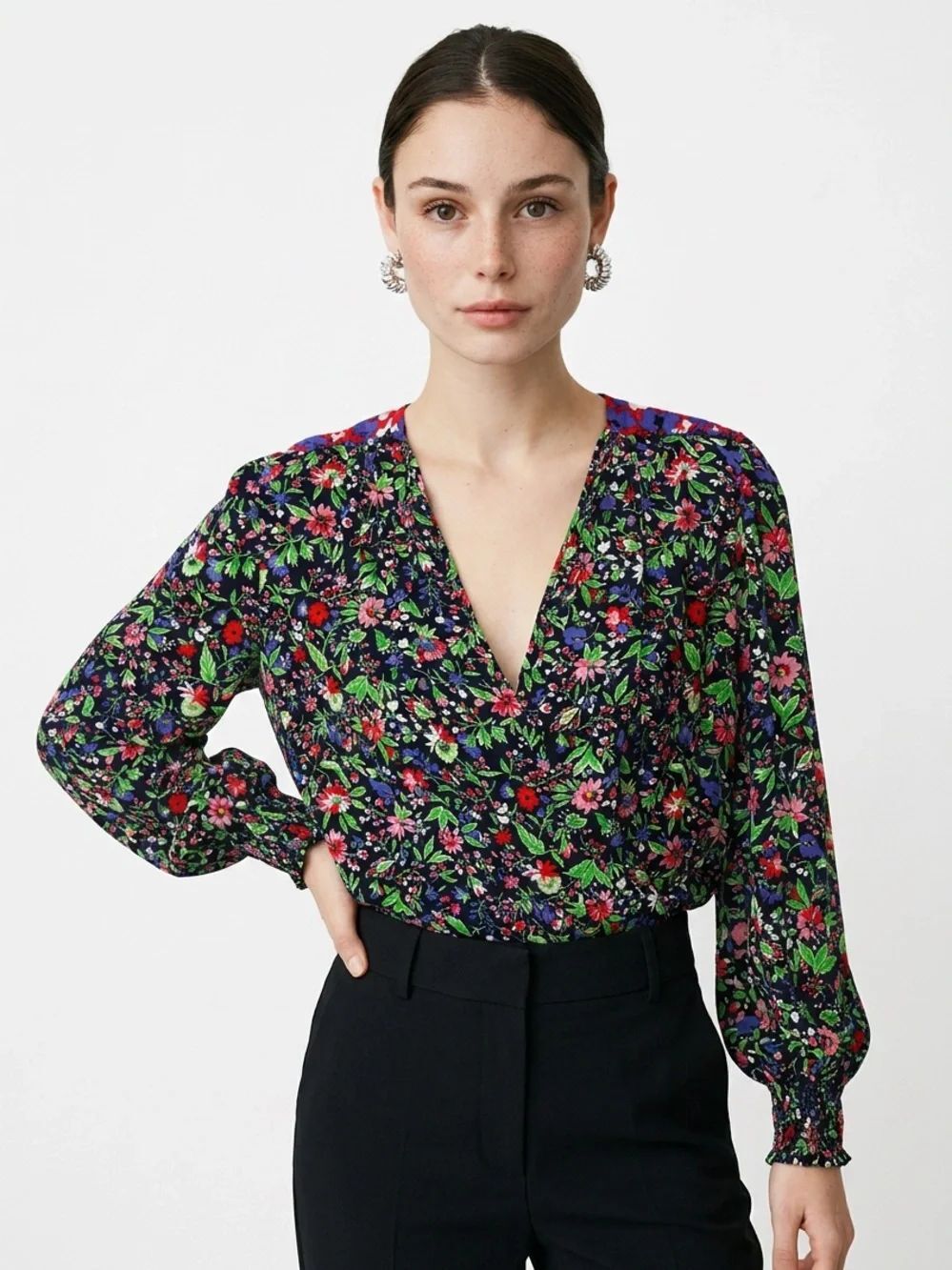 ZARA | Floral V-Neck Long Sleeve Blouse Multicolor Women’s Size Medium